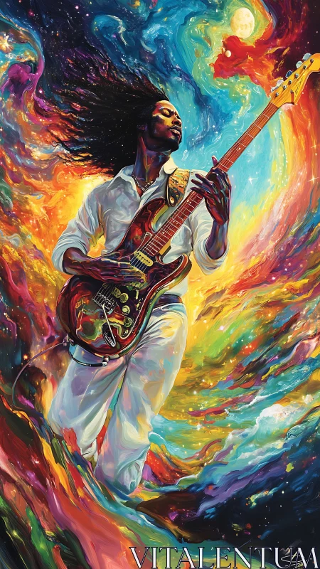 Electric guitarist in swirling multicolored cosmic vortex.
