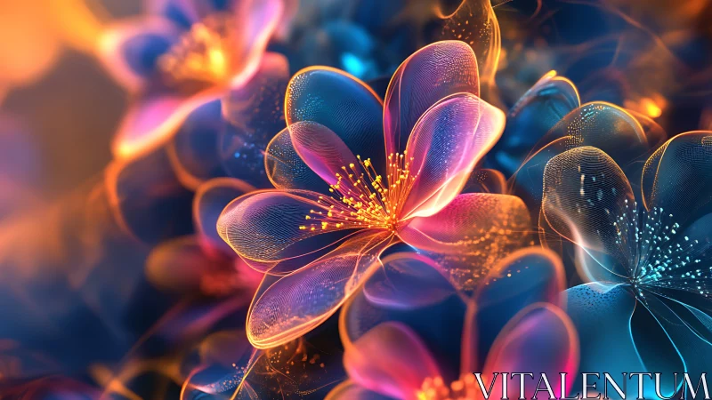 Digitally rendered flowers with luminescent petals and particle effects.
