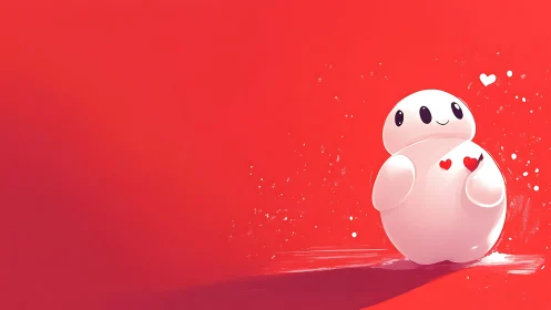 Sentient Robot with Affection Hearts Against Vivid Red Background.