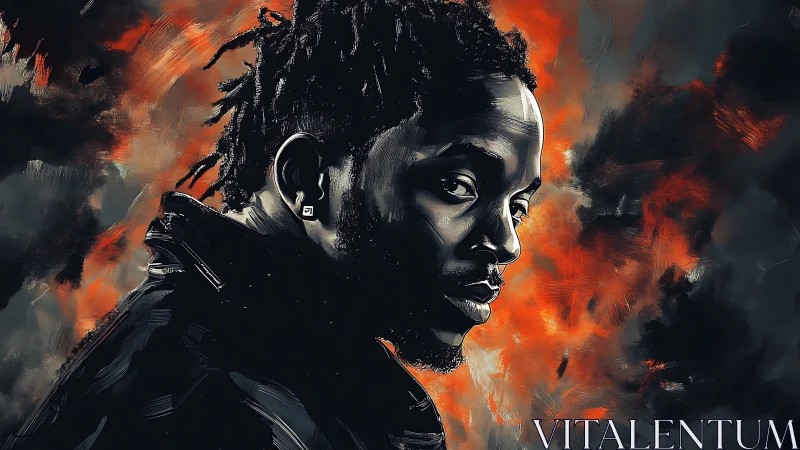 Brooding portrait ignites against burning abstract sky.