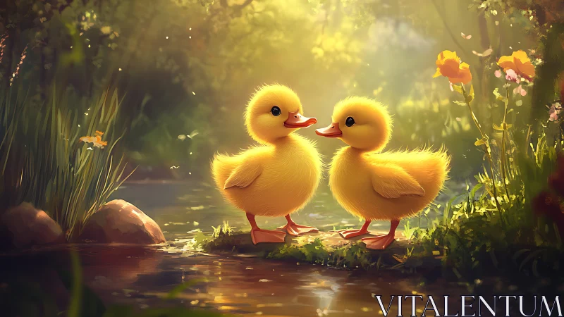 Sunlit ducklings by the stream in dreamy forest glow.