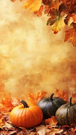 Autumn pumpkins and maple foliage against textured warm gradient ground