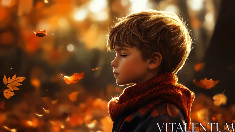 Young Boy in Autumn Reverie Among Falling Golden Leaves