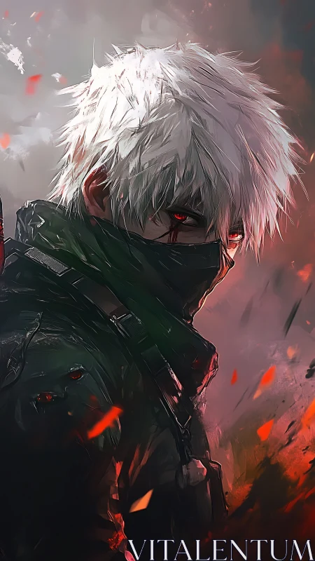 Digital painting portrait of masked white-haired antihero figure.