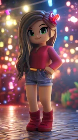 Stylized girl avatar stands on glowing cobblestone street