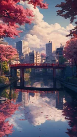 Digital city canal with red bridge and cherry blossoms.