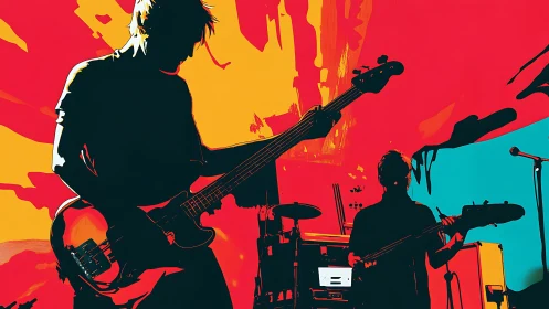 Bold silhouettes of a live band glow in electric color