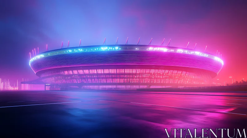 Futuristic neon stadium glows over wet reflective pavement at night