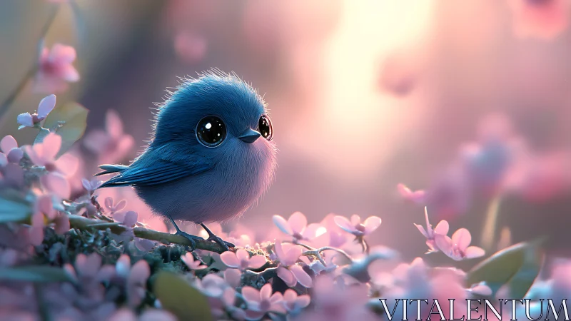Blue bird perched on flowering branch with soft luminous background