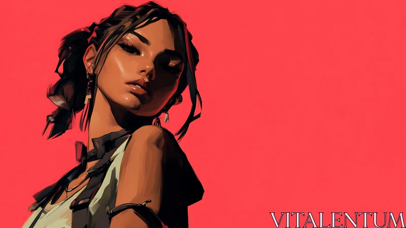 Strong female portrait rendered against vivid coral background