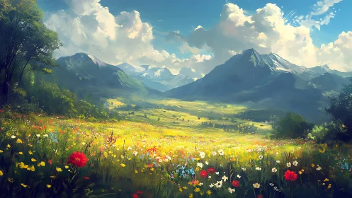 Sunlit alpine meadow glows beneath towering blue peaks.