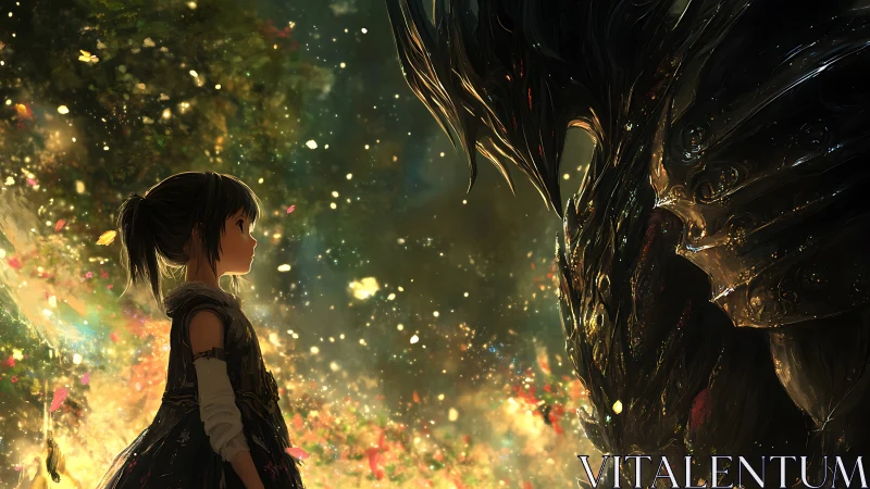 Small starlit girl meets towering shadowed guardian in gold