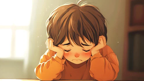 Melancholic child portrait rendered in warm digital painting