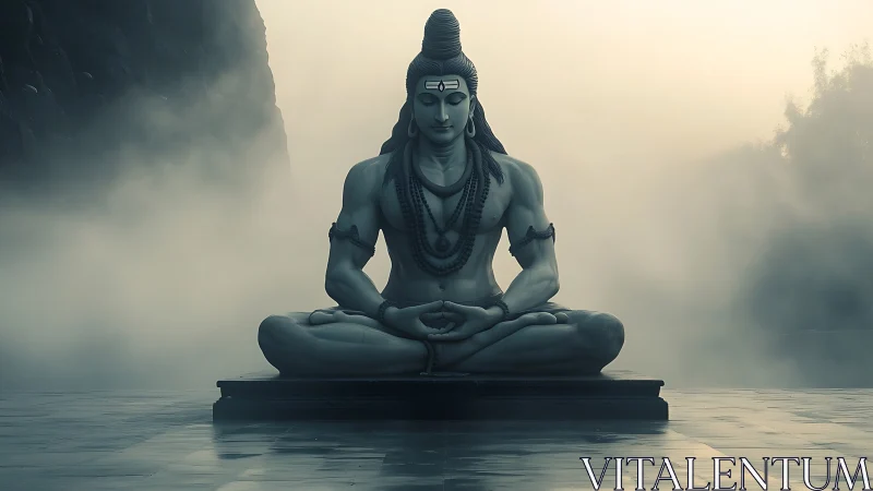 Mountain mist cradles meditating Shiva in hushed stillness.