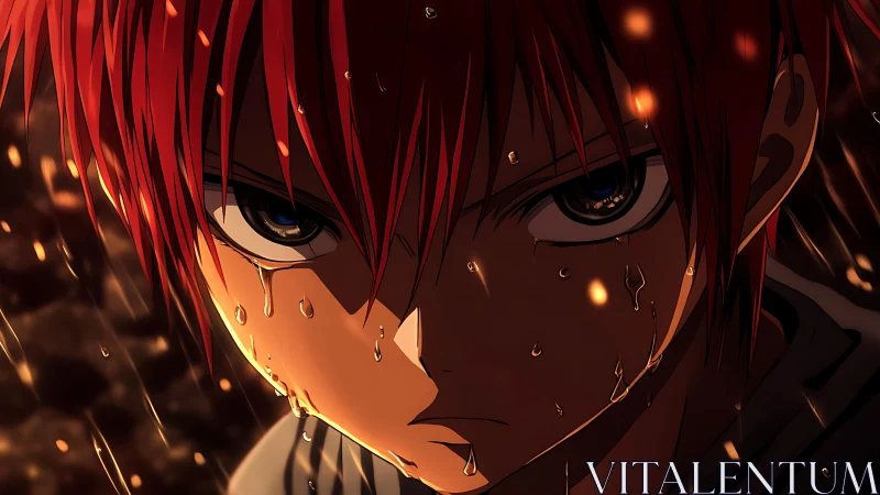 Red-haired anime hero stares ahead through rain and embers