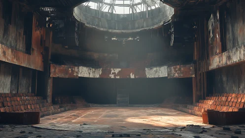 Abandoned circular theater interior with decayed seating.