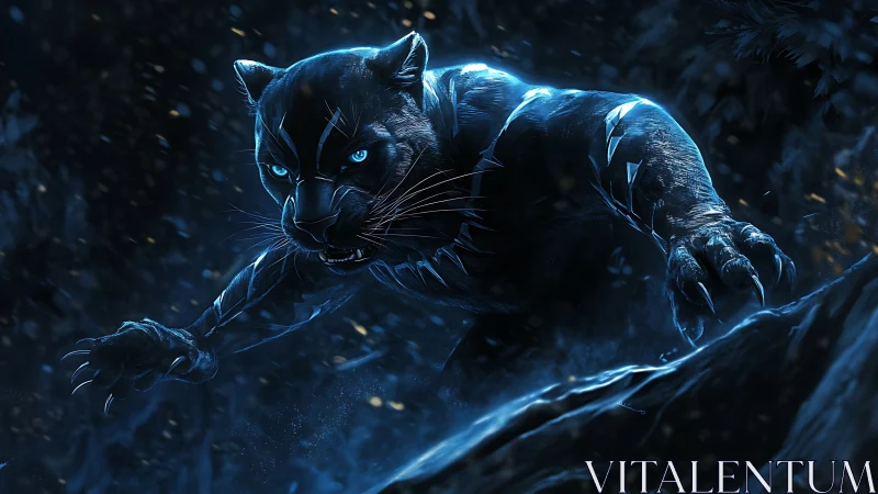 Neon-illuminated Black Panther rendered with volumetric particle effects in nocturnal environment