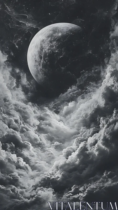 Moonlit storm clouds carve a dramatic path through space