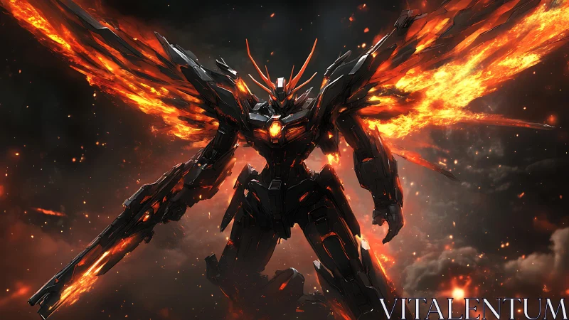 Fiery winged mech strides through stormlit molten skies.
