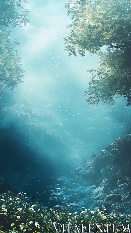 Forest stream under diffused blue light with overhanging trees.