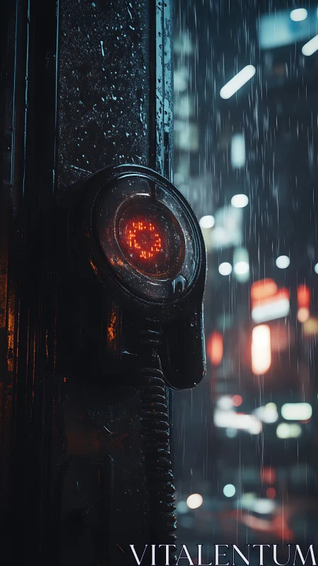 Cybernetic red sensor glows in rainy neon city street.