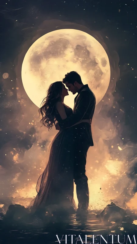 Couple silhouetted against oversized moon with magical particle atmosphere