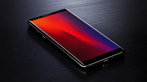 Samsung smartphone displays gradient color spectrum on dark surface.