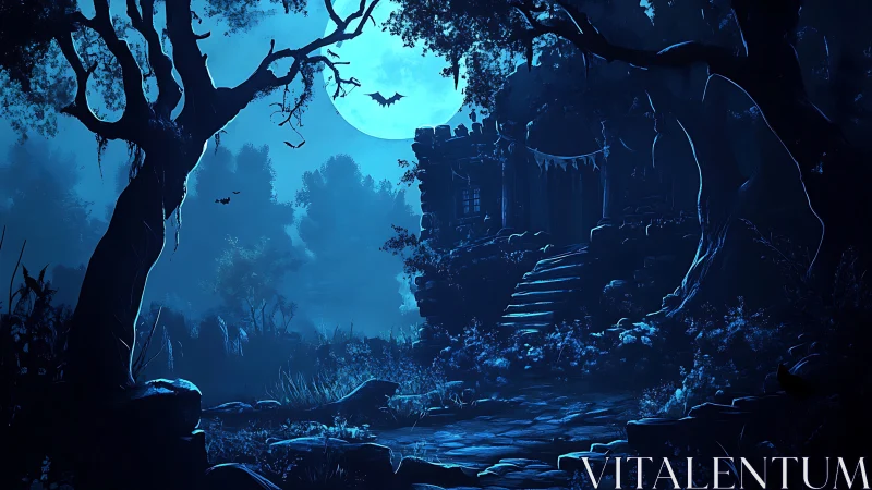Moonlit forest ruins with stone stairway and distant bats.