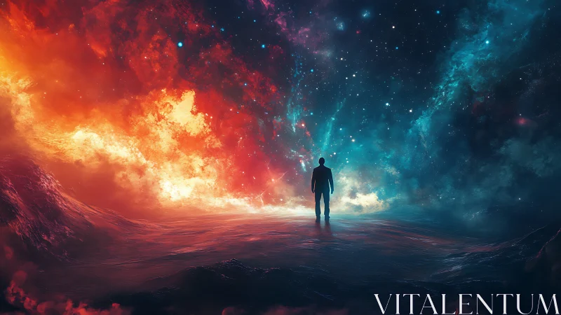 Lone figure confronting dual nebula skies in vivid cosmos.