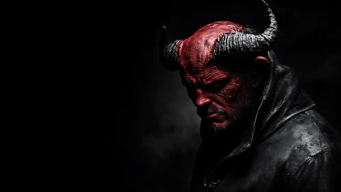 Horned red demon portrait in deep cinematic shadows.