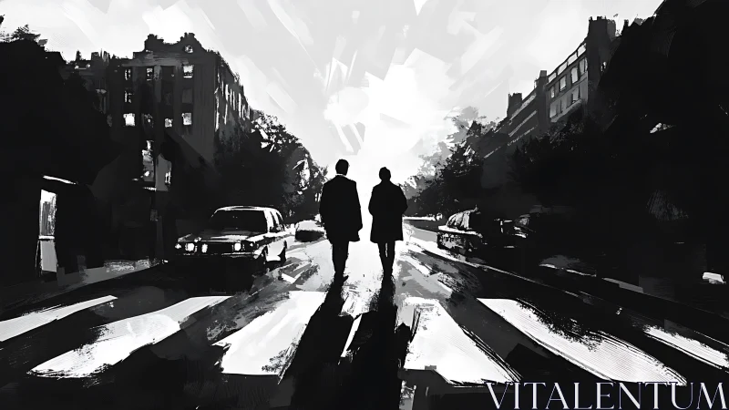 Two pedestrians walk across a crosswalk in monochrome city