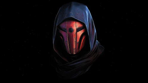 Hooded crimson war-mask drifting in a starless void.