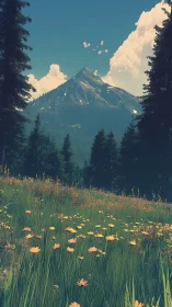 Sunlit alpine meadow leads toward a snow-capped mountain summit