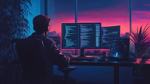 Code alchemist bends neon dusk into lines of living logic