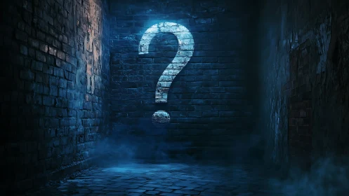 Question mark symbol on brick wall in dim urban alleyway.