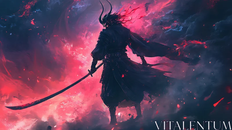 Demonic samurai silhouette in crimson stormlit inferno.