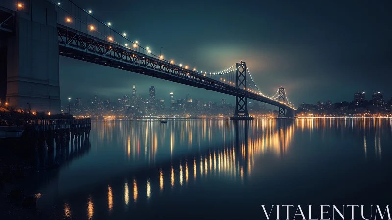 Foggy city bridge glows above calm reflective harbor waters.