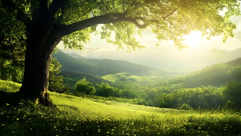 Sunlit valley meadow unfolds beneath ancient tree canopy.