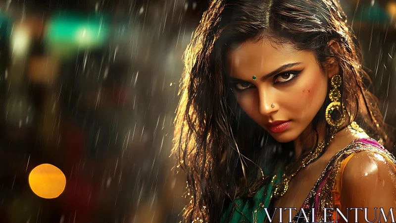 Stormlit gaze of a jeweled woman in neon-touched rainfall.