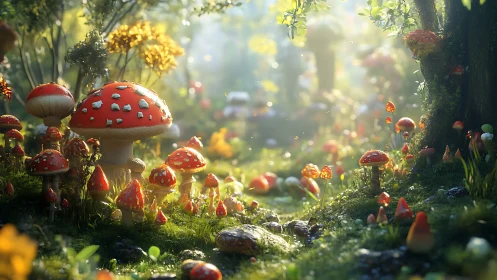 Sunlit forest floor renders dense amanita mushroom colony