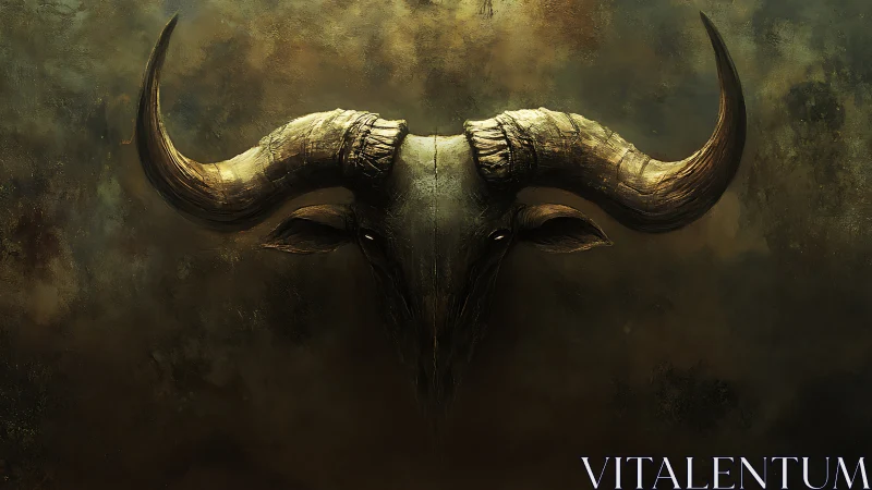 Bull skull with sweeping horns on dark textured backdrop.