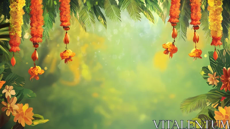 Suspended Floral Arrangement: Tropical Cascading Blooms Against Luminous Diffused Backdrop.