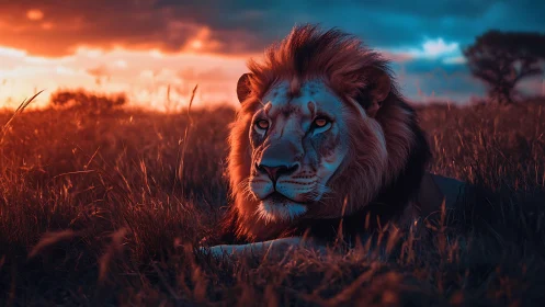 Male lion resting in tall grass at vivid dusk lighting.