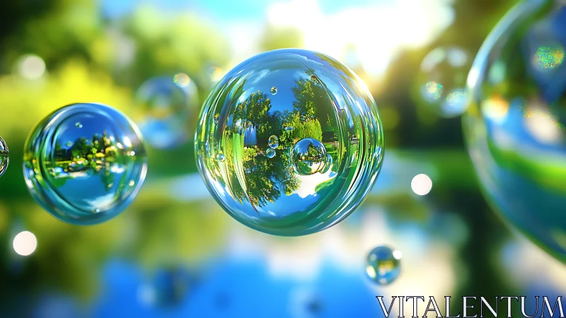 Sunlit soap bubbles float over a bright summer garden