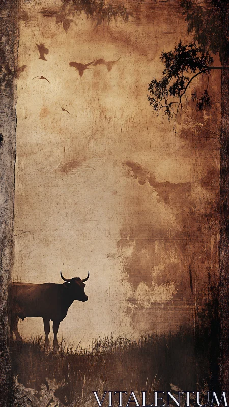 Quiet dusk with a lone horned cow in rustic silhouette.