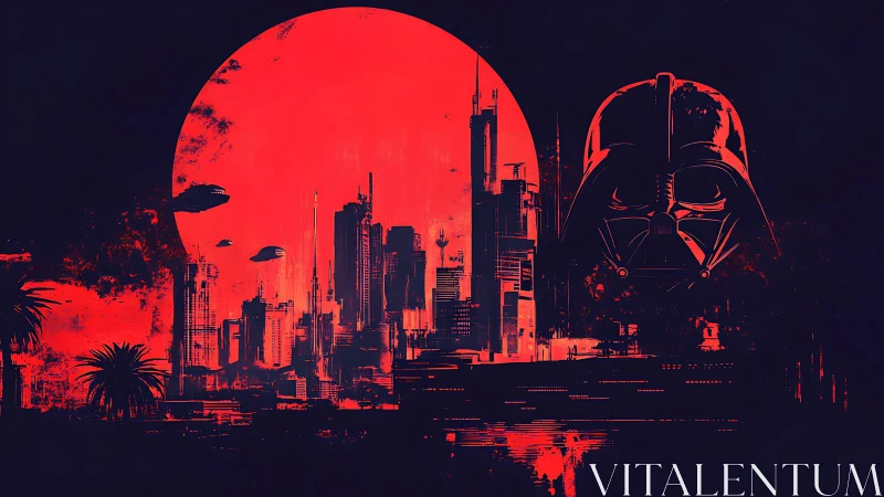 High contrast sci fi skyline under red celestial disc with mask silhouette