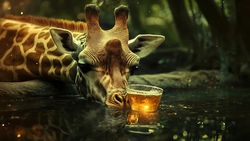 Giraffe drinks glowing golden liquid from forest pool.