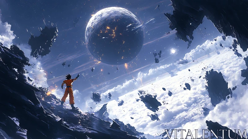 Cel-shaded warrior confronts fracturing planet in cosmic void