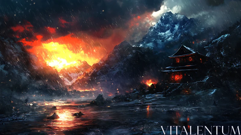 Volcanic eruption illuminates Asian temple amid raging storm.