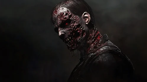 Undead nightmare portrait reveals shredded, burning visage.